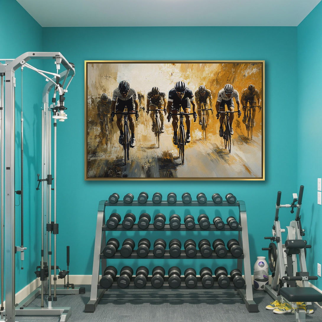 Canvas Print of cyclists in motion, abstract style with warm yellow and grey tones. Perfect for a modern interior.