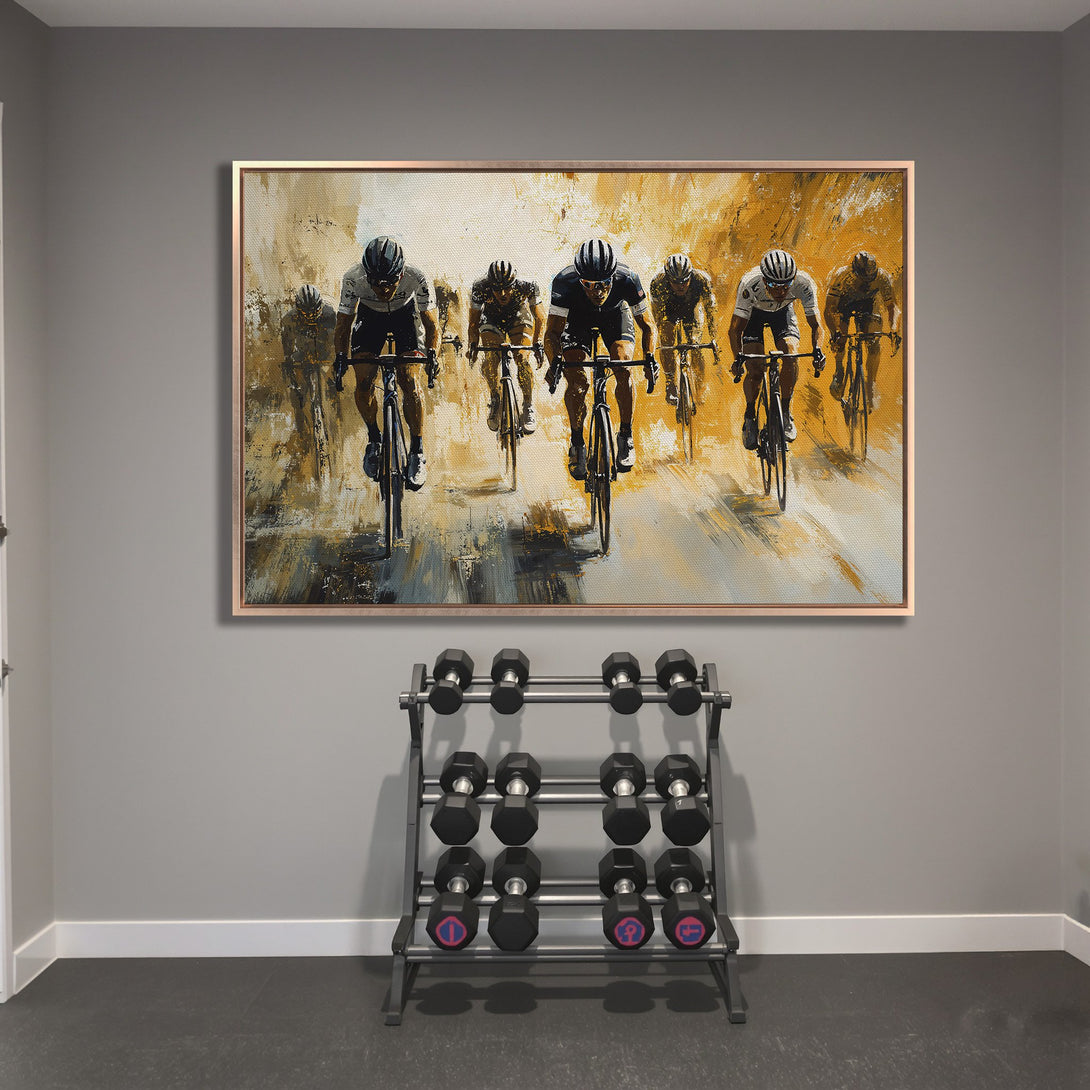 Framed Wall Art: Abstract cycling art in warm yellow and brown tones. Modern canvas print adds a dynamic touch to any space.