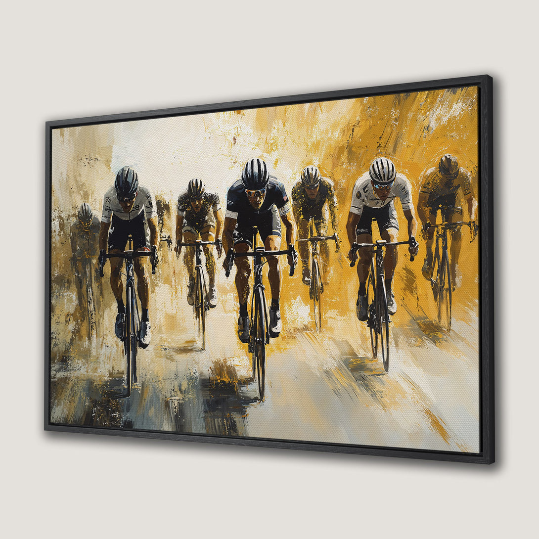 Framed Wall Art Canvas Print of cyclists racing, abstract oil painting style, vibrant yellow and black color palette, perfect for sports decor.