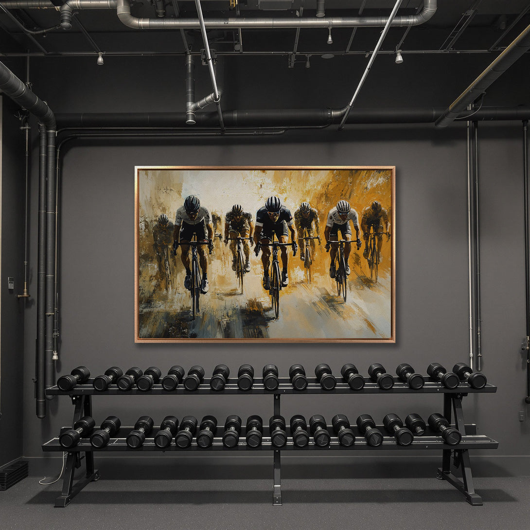 Framed Wall Art featuring cyclists in action, abstract style, warm yellow and black color palette. Perfect for gym or fitness room decor.
