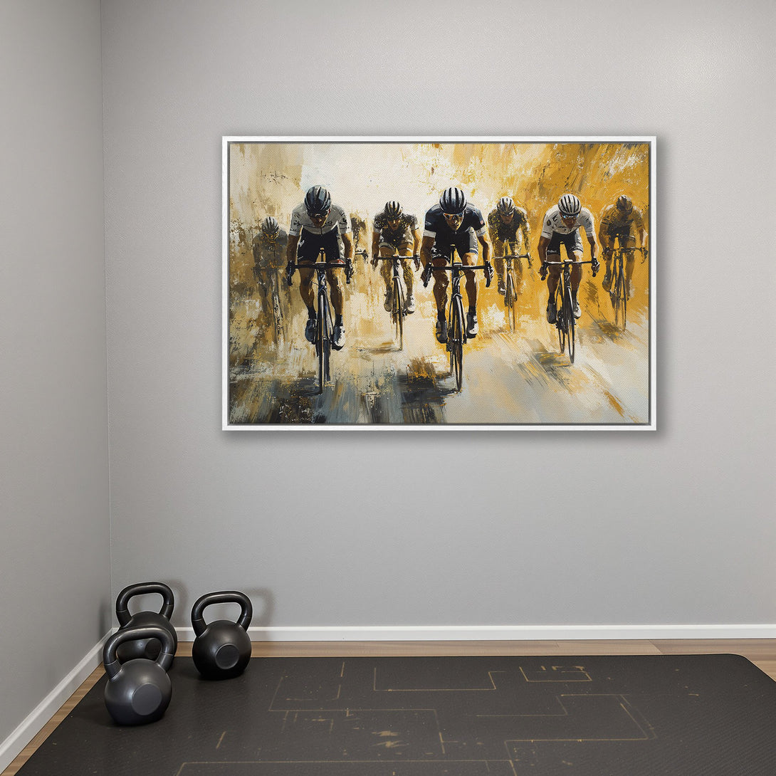 Framed Wall Art: Abstract cycling race art in a modern style with a warm yellow and black color palette. Perfect for home gym decor.