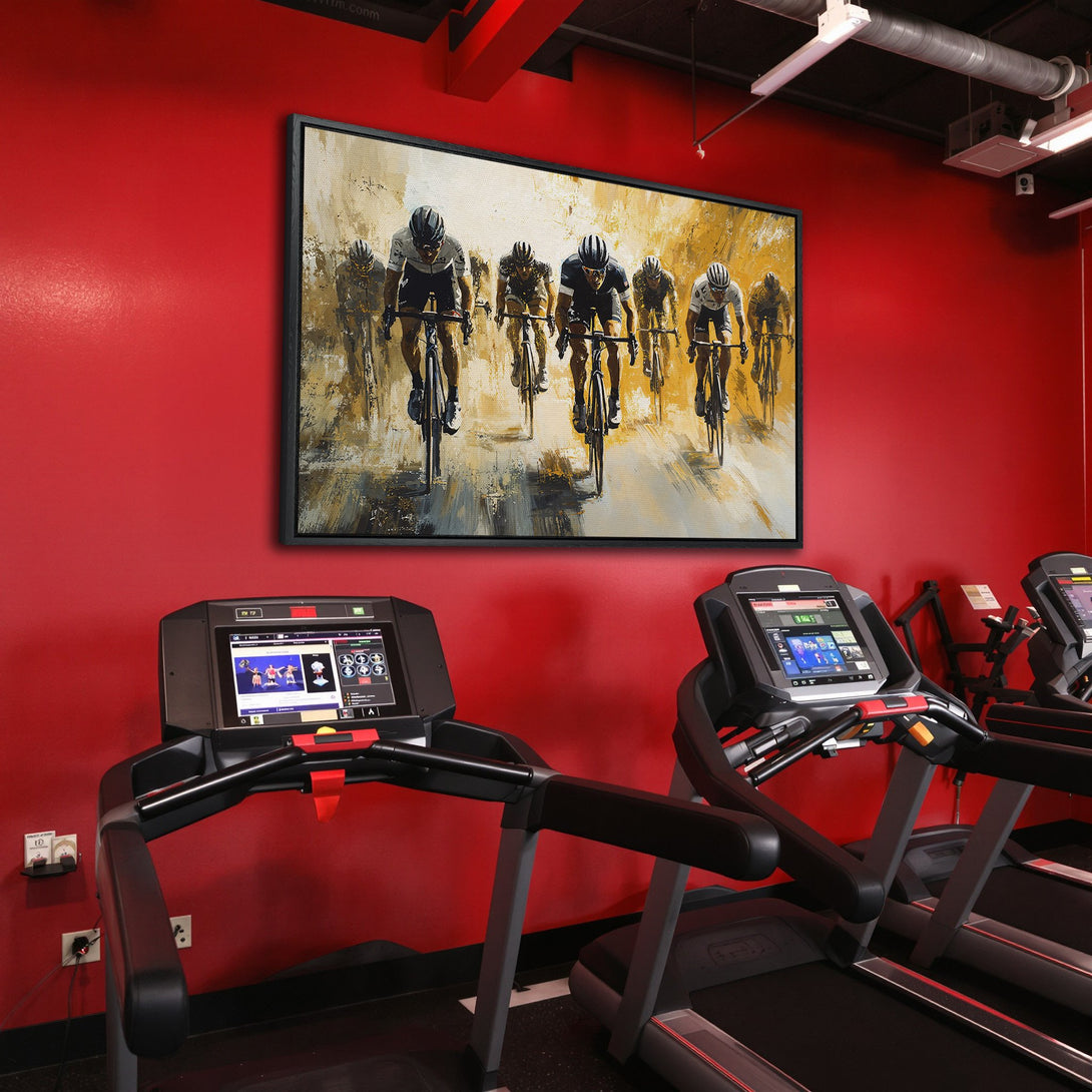 Framed Wall Art: Cyclists racing, abstract style, warm gold & black palette. Perfect for gym decor or any space needing a motivational touch.