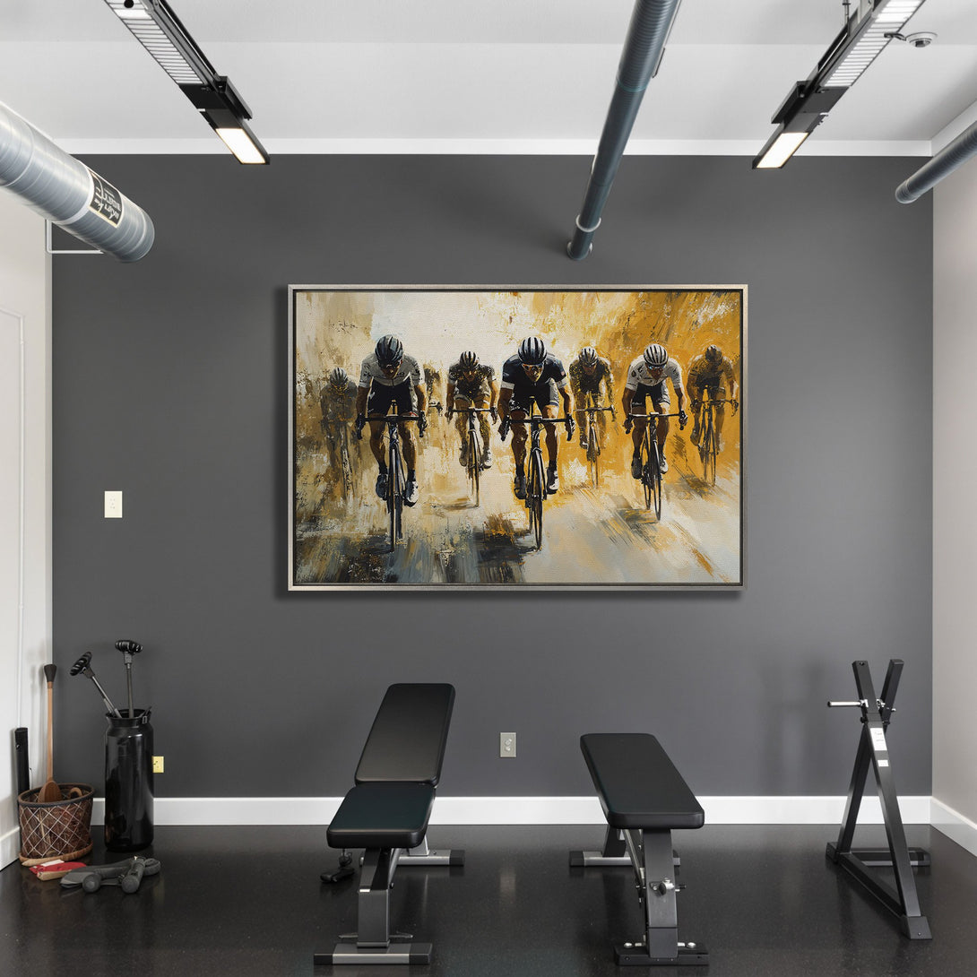 Framed Wall Art: Abstract cycling painting in a gym, featuring a dynamic, expressive style with a warm yellow and black color palette.