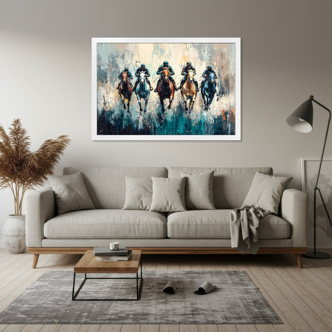 Framed Poster of racehorses in action. Abstract style with a blue, brown, and neutral color palette. Elevate your space with this stunning art!