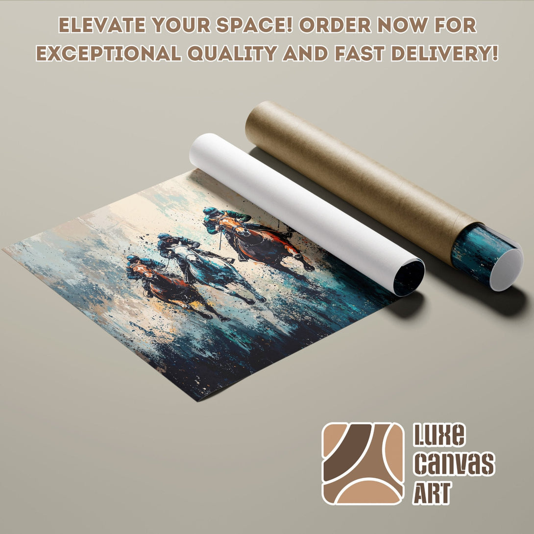 Abstract horse racing Poster Roll art, blue & brown palette. Elevate your space!