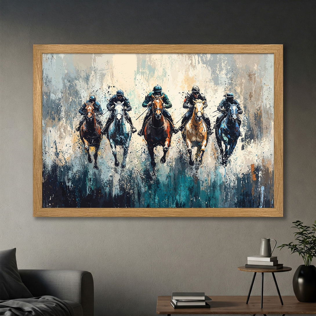 Framed Poster of a horse race in an abstract style. Features a cool blue, brown, and neutral color palette. Perfect wall art!