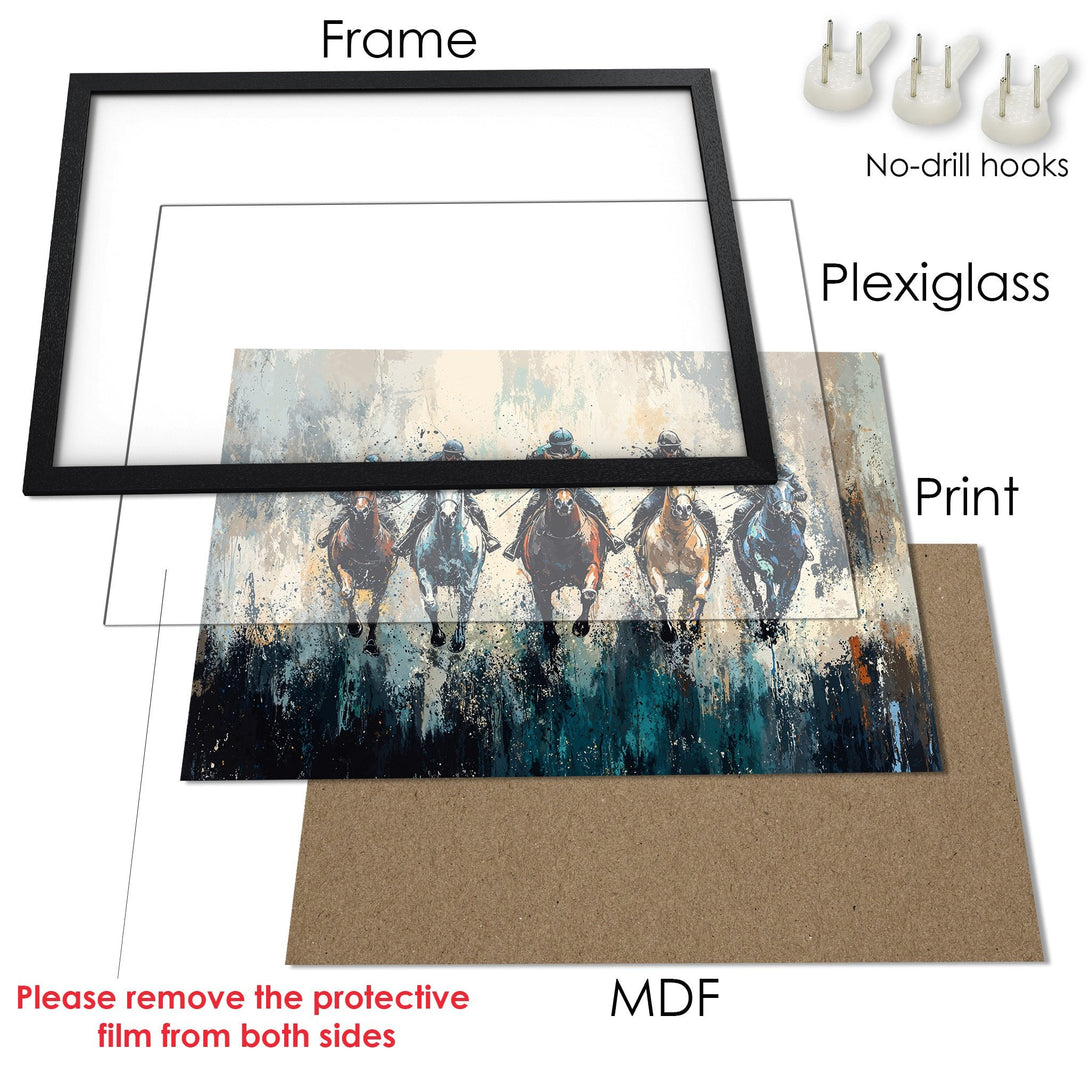 Framed Poster featuring a horse race in an abstract style with a blue, brown, and beige color palette. Perfect wall art!