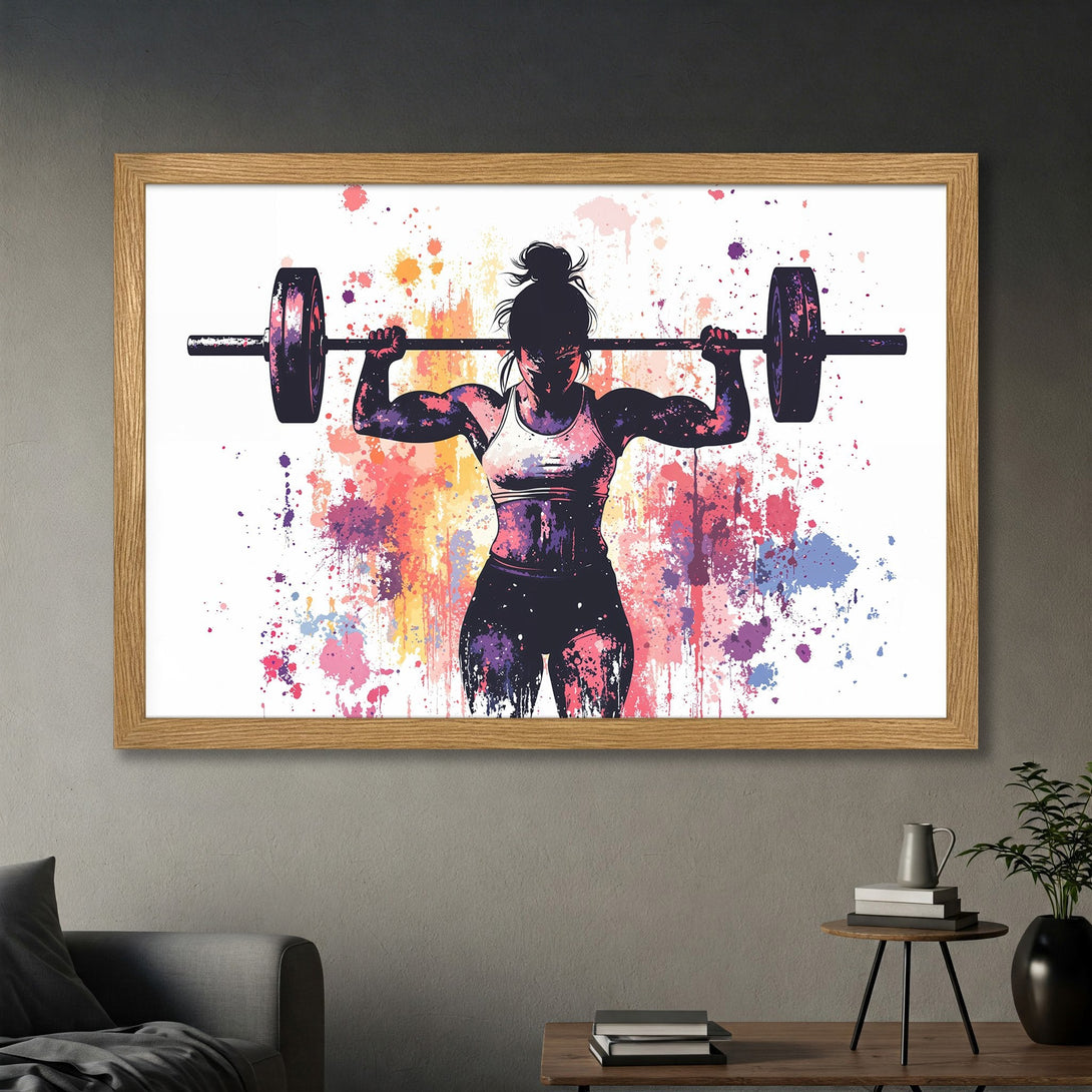 Framed Poster featuring a weightlifting woman, vibrant watercolor style, with a colorful pink, purple, and orange palette. Perfect for home gym decor!