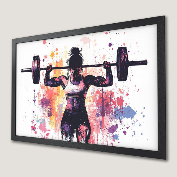 Framed Poster: Strong woman lifting weights, watercolor style, vibrant color splash art. Motivational gym decor.