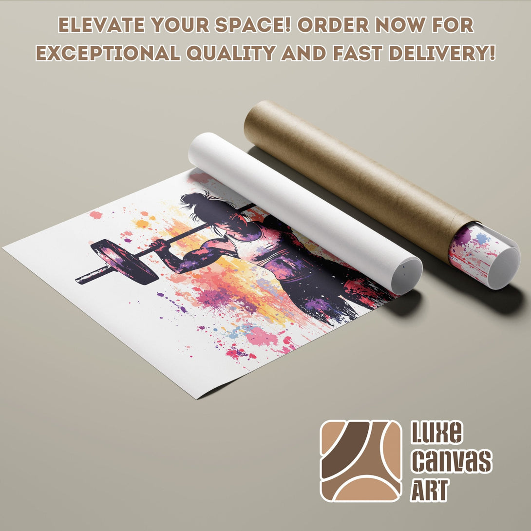 Poster Roll featuring a weightlifter in watercolor style with vibrant colors. Perfect wall art!