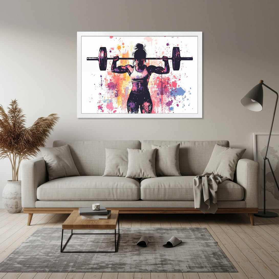 Framed Poster of a weightlifting woman in a watercolor style, vibrant colors, perfect for home gym decor.