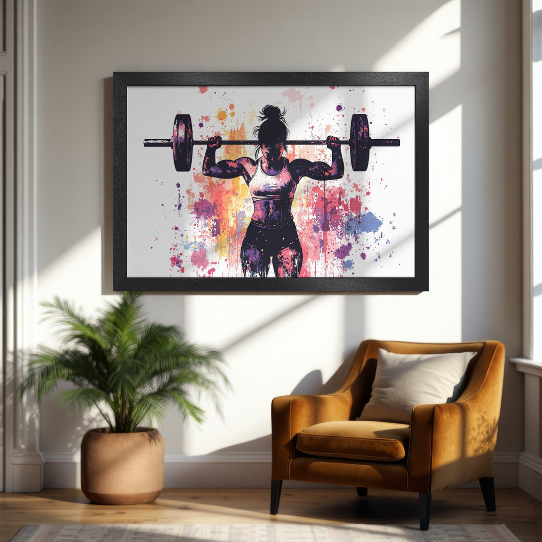 Framed Poster featuring a weightlifting woman in watercolor style, with vibrant splashes of color. Perfect fitness decor.