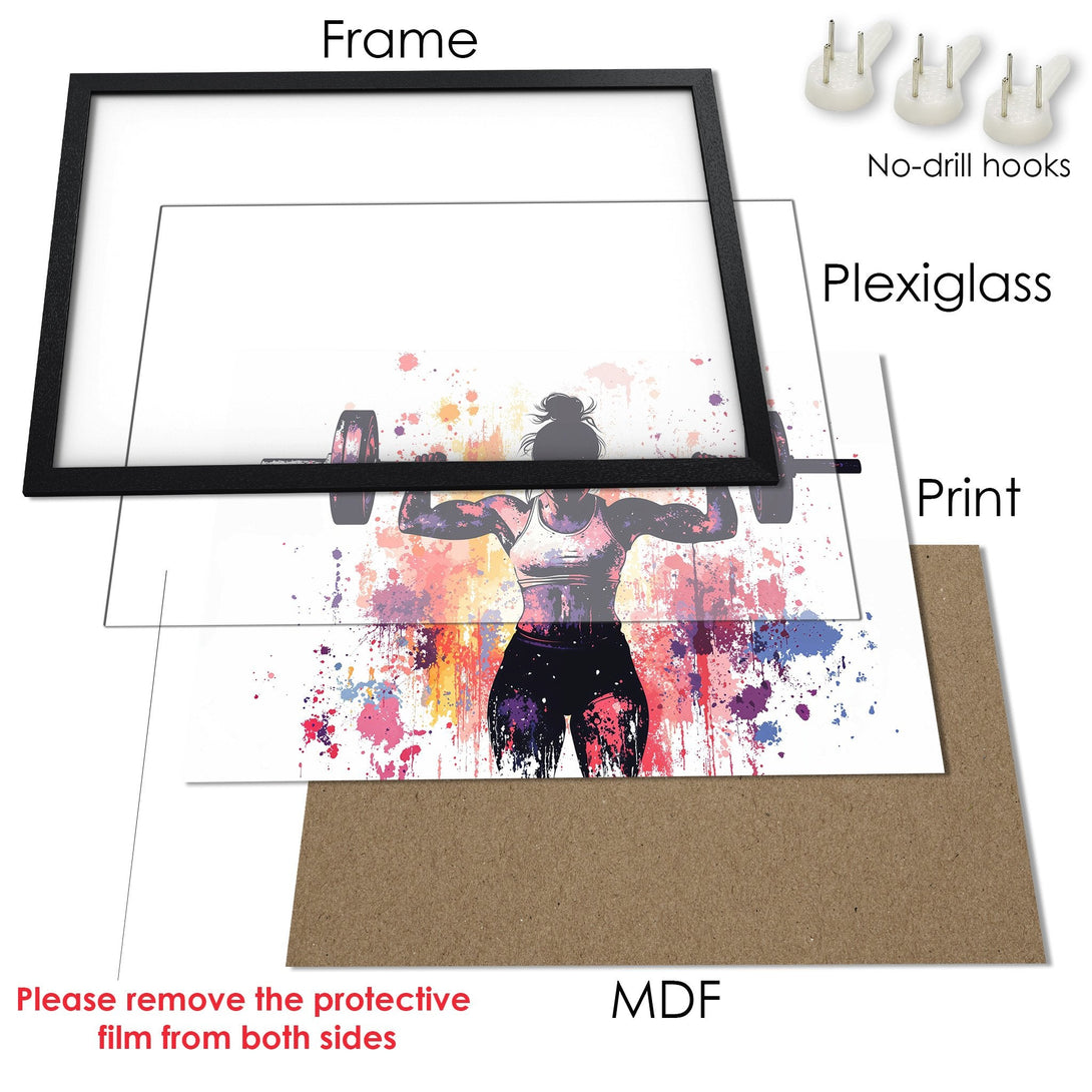 Framed Poster of a weightlifting woman in watercolor style. Vibrant pink, purple, and blue color palette. Perfect for your workout space!