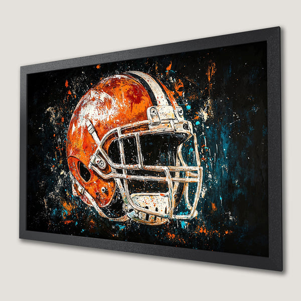 Framed Poster of an orange football helmet in a vibrant, abstract style with a black, orange, and teal color palette. Perfect for sports fans!