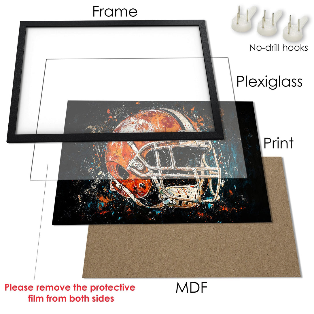 Framed Poster of a football helmet in an abstract style with orange, black, and blue colors. Perfect wall art for any fan!