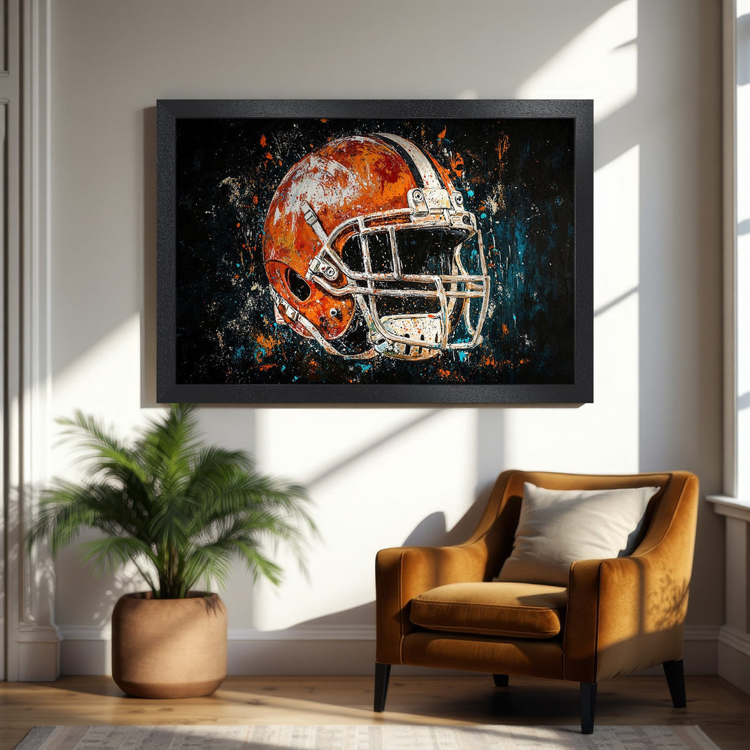 Framed Poster featuring an abstract football helmet in orange, white, and blue on a black background. Modern art style.