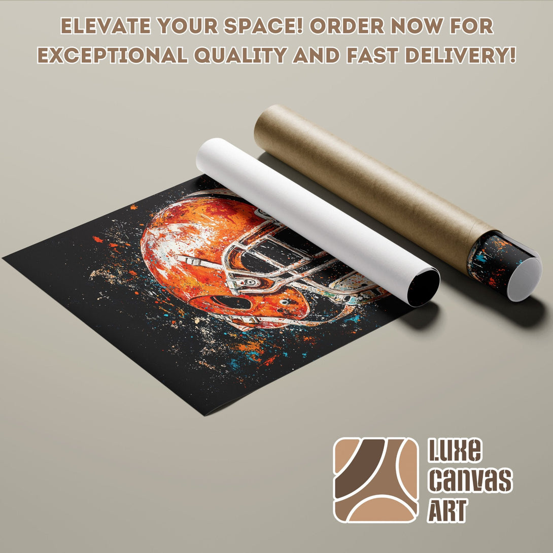 Poster Roll featuring an abstract football helmet art print in orange, black, and blue color palette.
