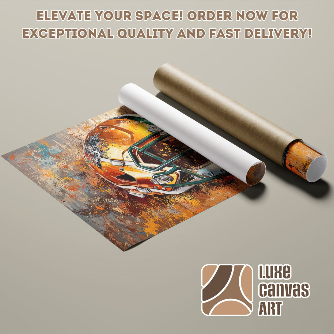 Poster Roll of a football helmet art print, abstract style, warm orange and brown color palette.