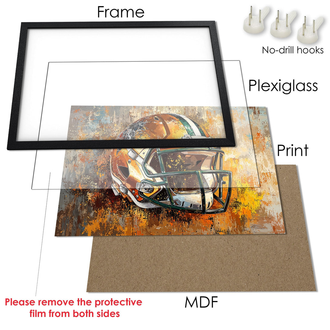 Framed Poster of an abstract football helmet art print. Warm, earthy tones and textured style. Ready to hang!