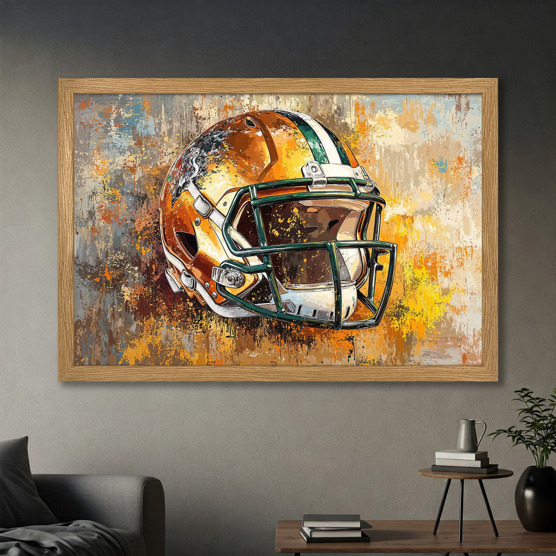 Framed Poster of a football helmet in an abstract, painterly style with a warm, earthy color palette. Perfect wall art!
