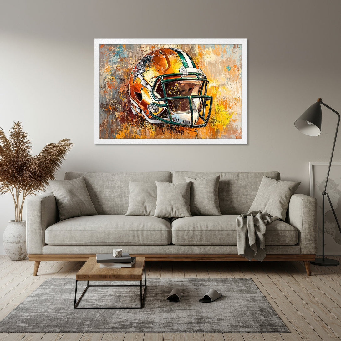 Framed Poster of a football helmet in an abstract style, featuring a warm orange and yellow color palette. Perfect wall art!