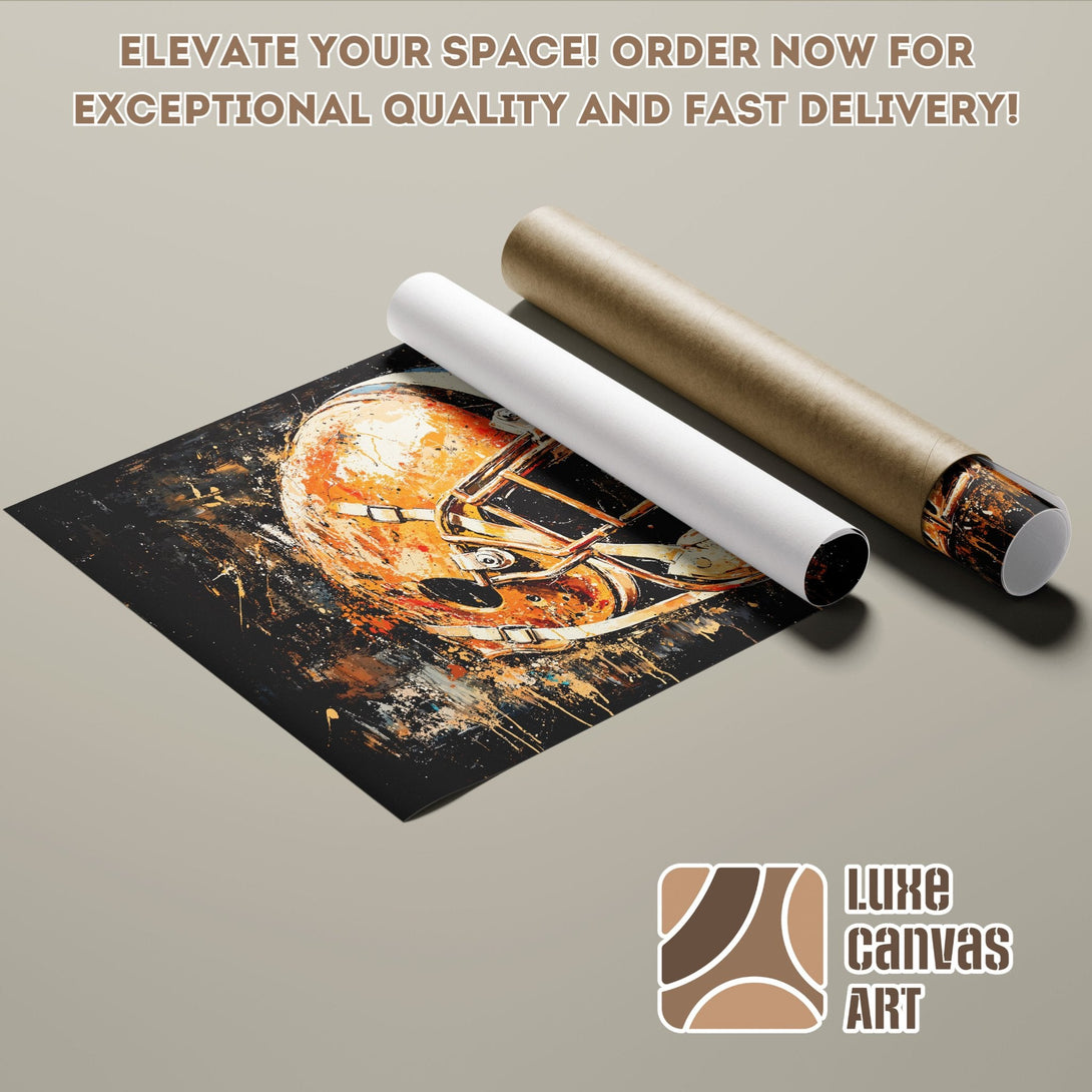 Abstract football helmet poster roll in orange, black, and brown color palette.