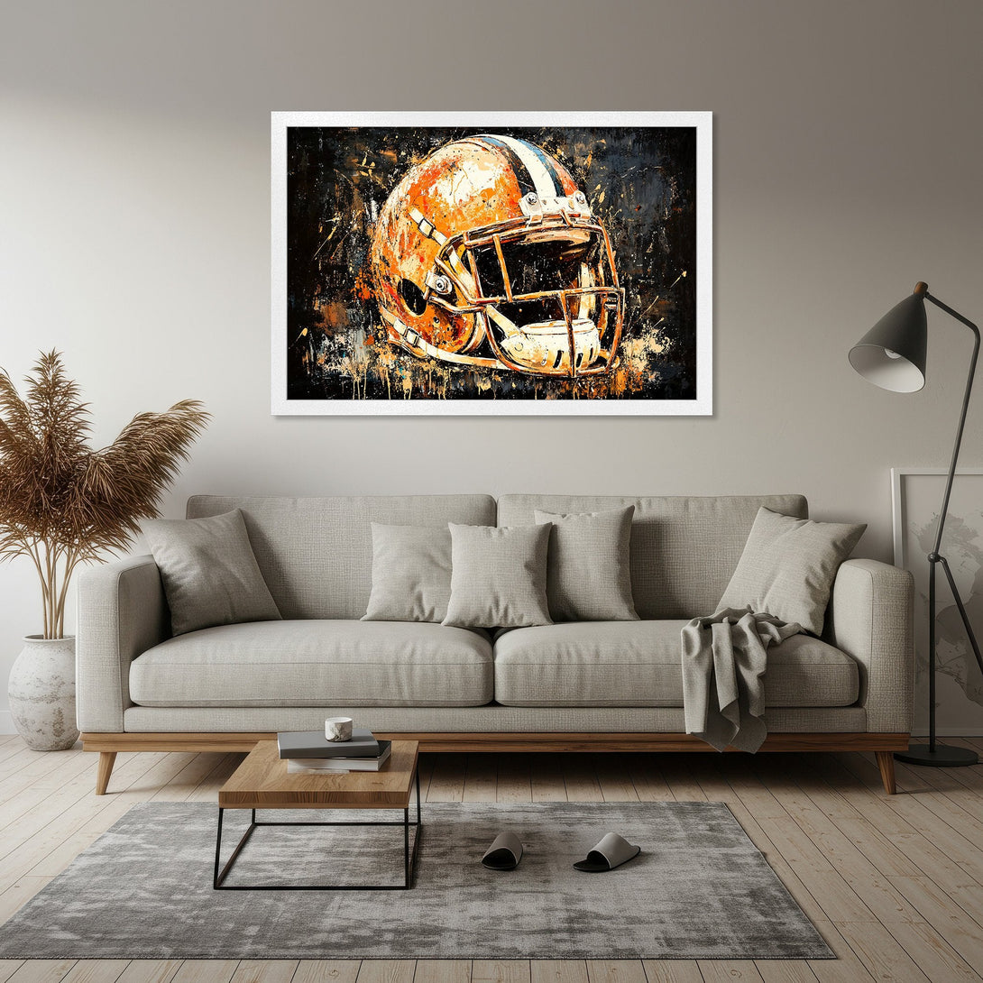 Framed Poster featuring an abstract football helmet art print. Orange, black, and white color palette, perfect for sports decor.