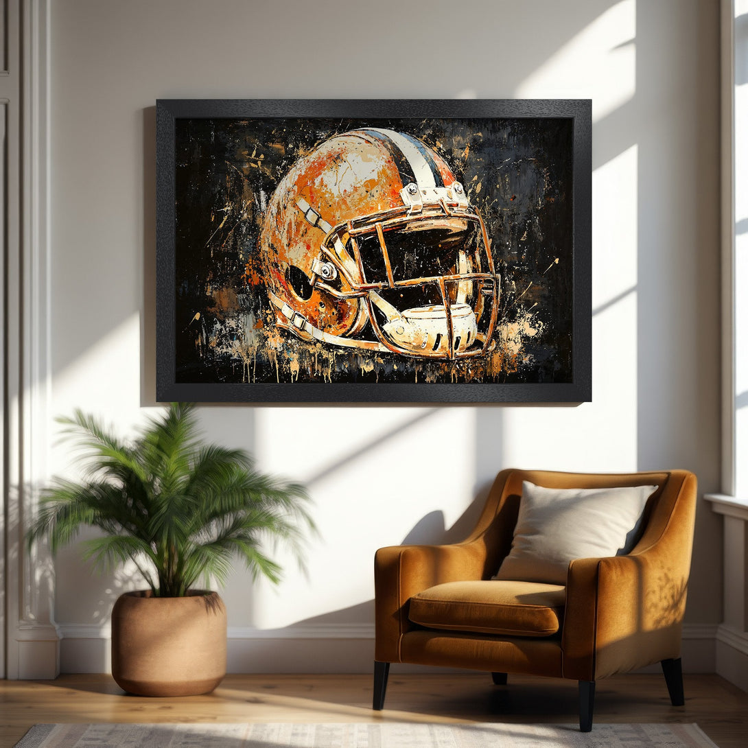 Framed Poster featuring an abstract football helmet in orange, black, and gold. Modern art style, perfect for home decor.