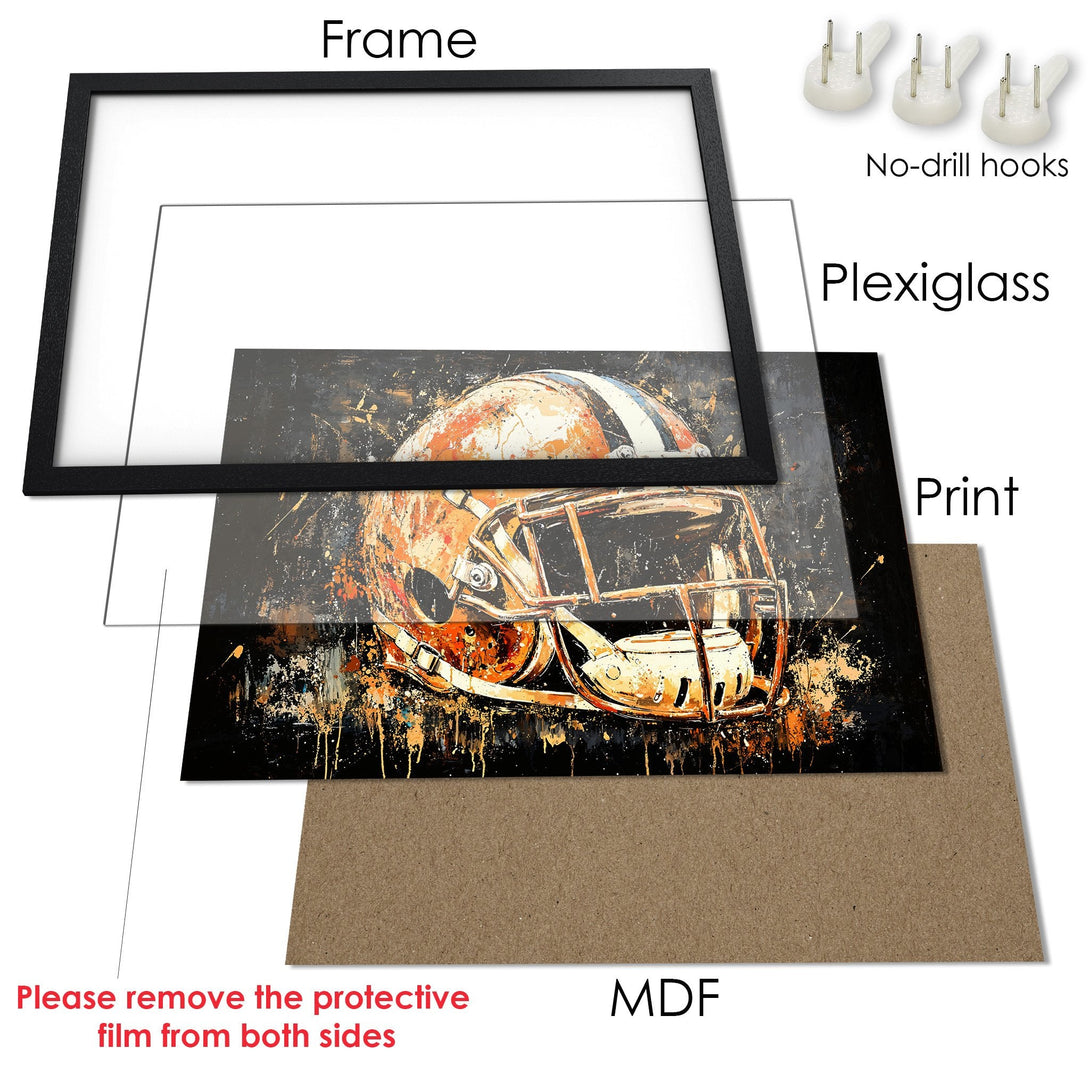 Framed Poster featuring a football helmet in an abstract style, with a black, orange, and white color palette. Perfect wall art!