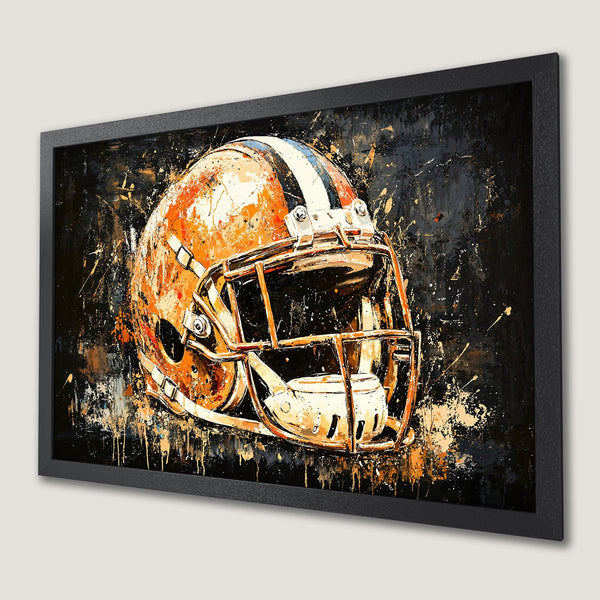 Framed Poster of a football helmet in a modern, abstract style with orange and black colors.