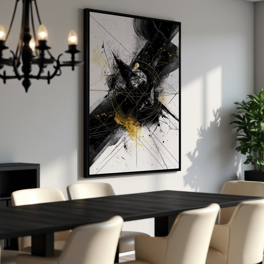 Framed Wall Art: Abstract black and gold canvas print. Modern art piece with neutral color palette, perfect for dining room decor.