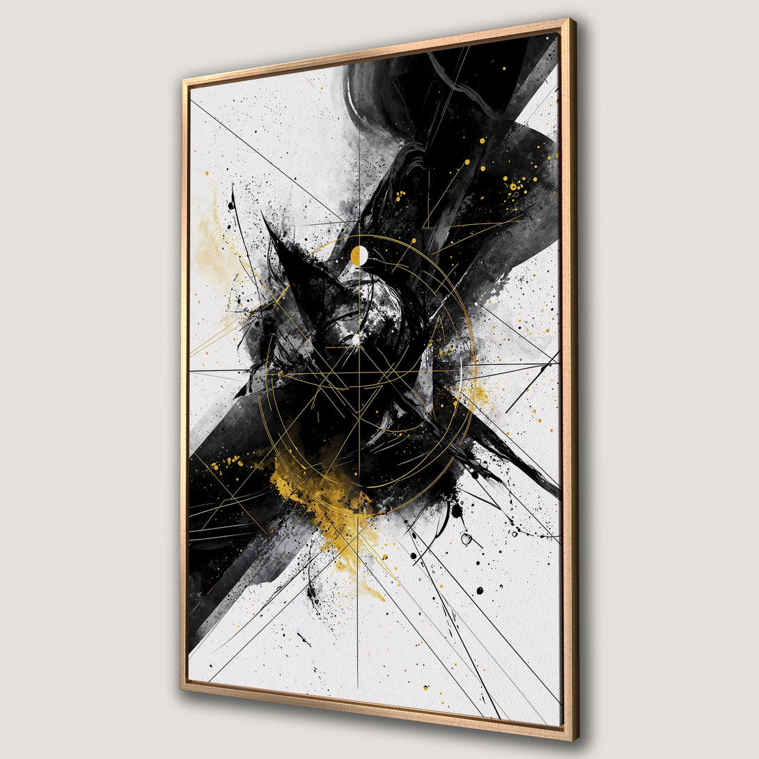 Framed Wall Art: Abstract black, white, and gold canvas print. Modern art with geometric and splatter details. Perfect for adding a touch of elegance to your space.