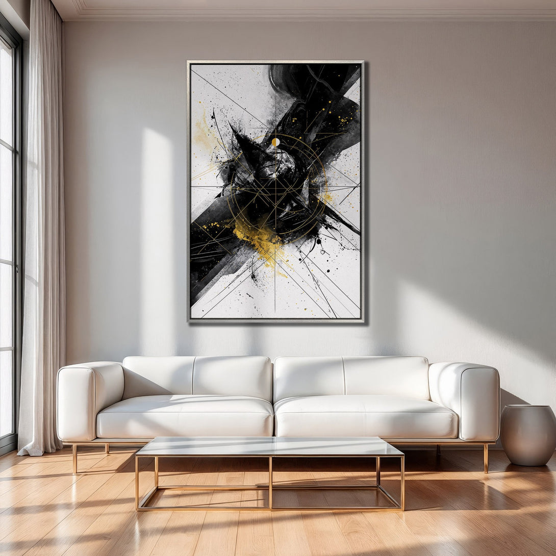 Framed Wall Art: Abstract black and gold canvas print, modern art. Adds a touch of luxury to any living room. Black, white, and gold color palette.