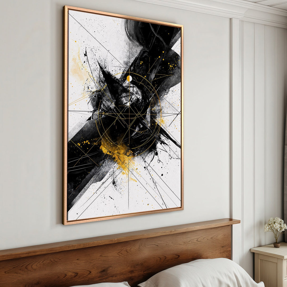 Framed Wall Art: Abstract black, gold, and white Canvas Print. Modern art for your home. Enhance your decor with this striking piece.