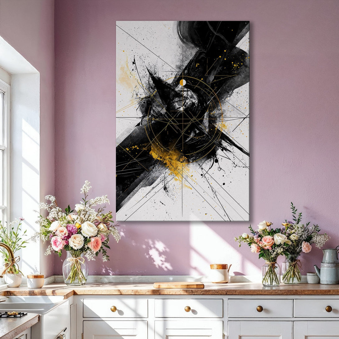 Framed Wall Art: Abstract black, white, and gold artwork. Modern Canvas Print adds a touch of elegance to any living room. Shop now for unique wall decor!