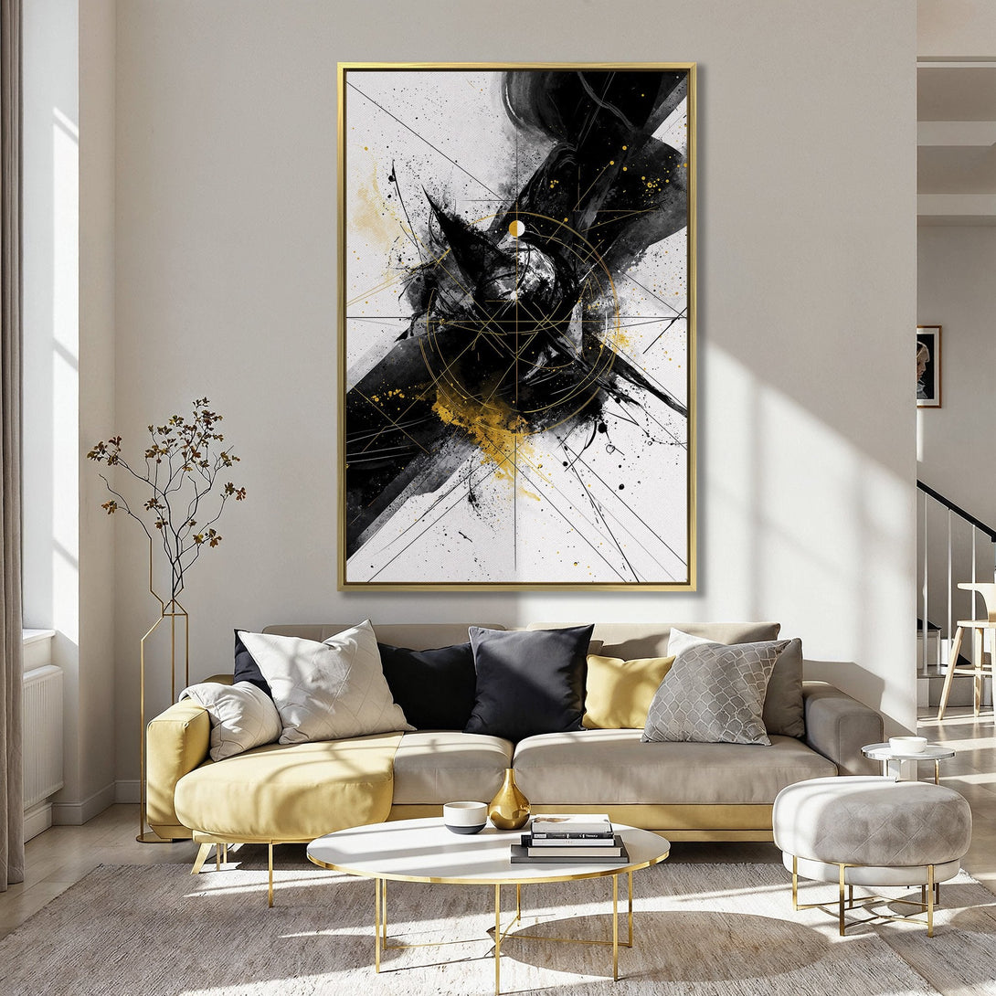 Abstract Canvas Print in black, gold, and white. Modern art style, perfect for adding a touch of elegance to any space. Shop now!