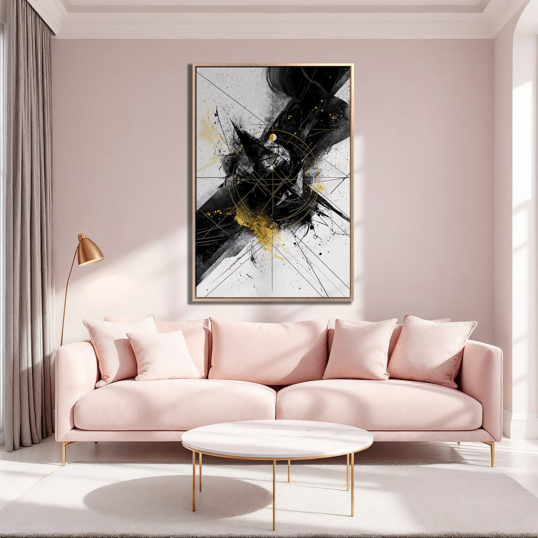 Framed Wall Art: Abstract black, gold, and white artwork in a gold frame. Modern art canvas print perfect for adding a touch of elegance to any room.