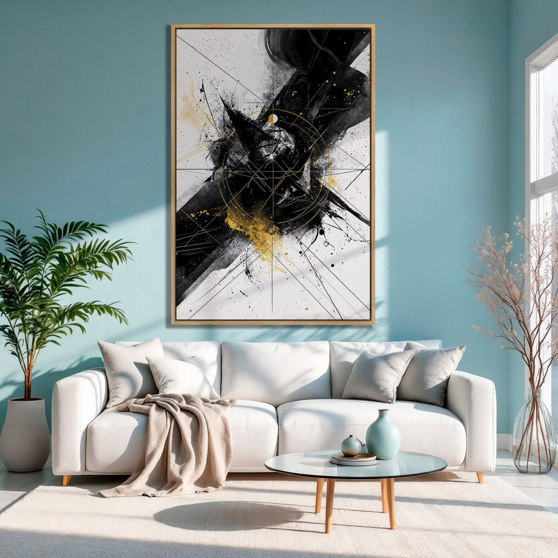 Framed Wall Art: Abstract black and gold canvas print in a modern interior. Featuring a striking design with a neutral color palette.