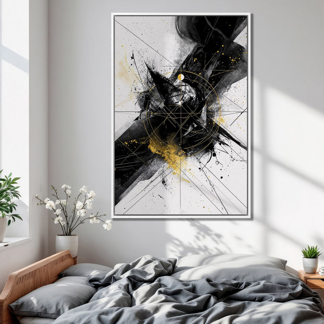 Framed Wall Art: Abstract black, gold, and white canvas print. Modern art piece adds a stylish touch to any bedroom decor. Shop now for unique wall art!