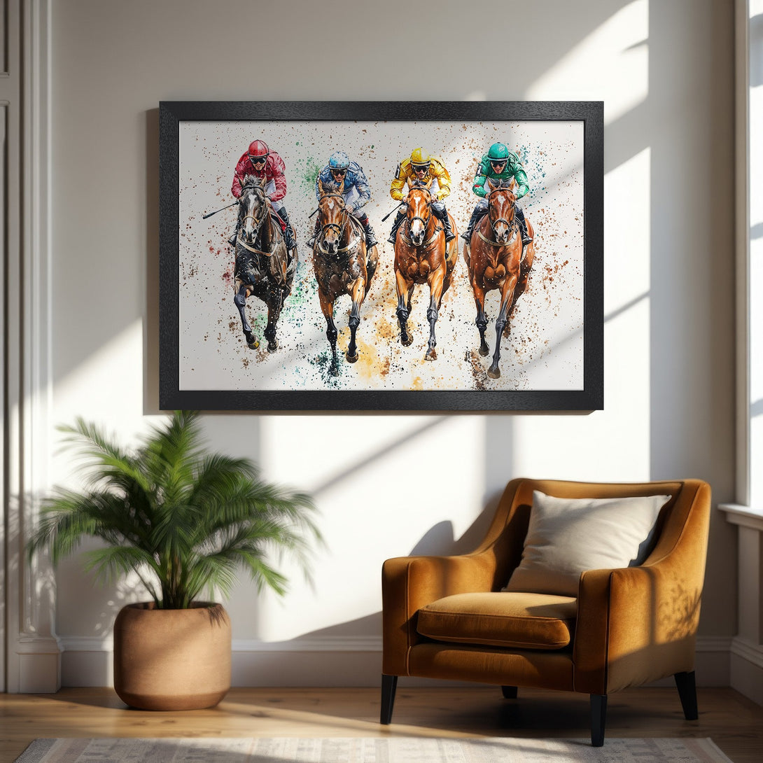 Framed Poster featuring watercolor-style horse racing art. Vibrant colors and dynamic movement. Perfect for home decor!
