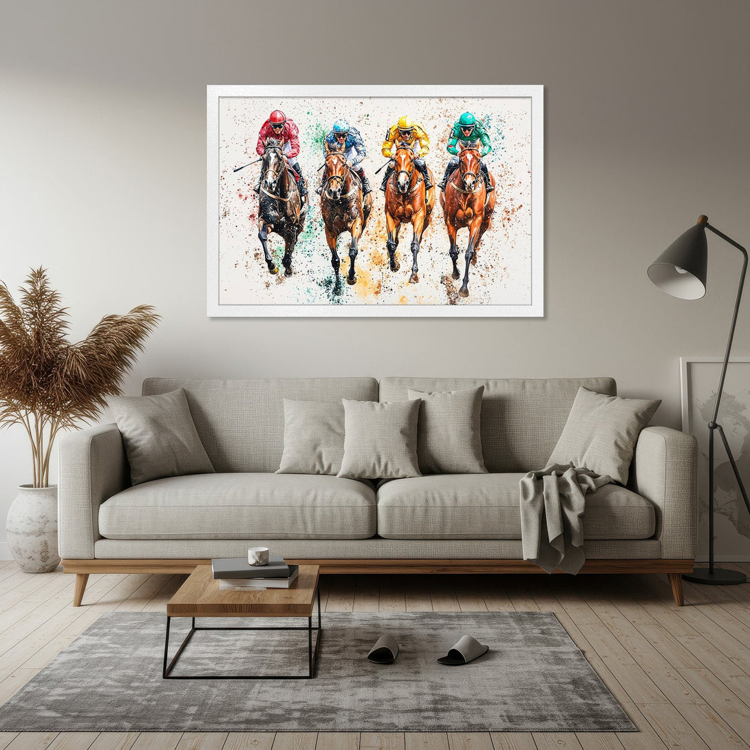 Framed Poster featuring watercolor horse racing art with vibrant colors. Perfect for adding a touch of elegance to any space.