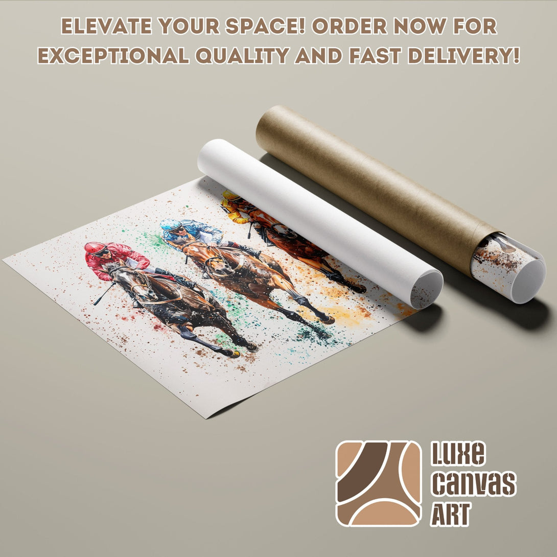 Horse racing Poster Roll art print, watercolor style, warm brown and neutral palette.