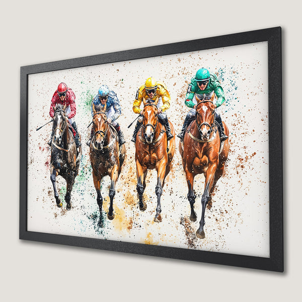 Framed Poster of a horse race in watercolor style, with vibrant colors and a dynamic composition. Perfect wall art!