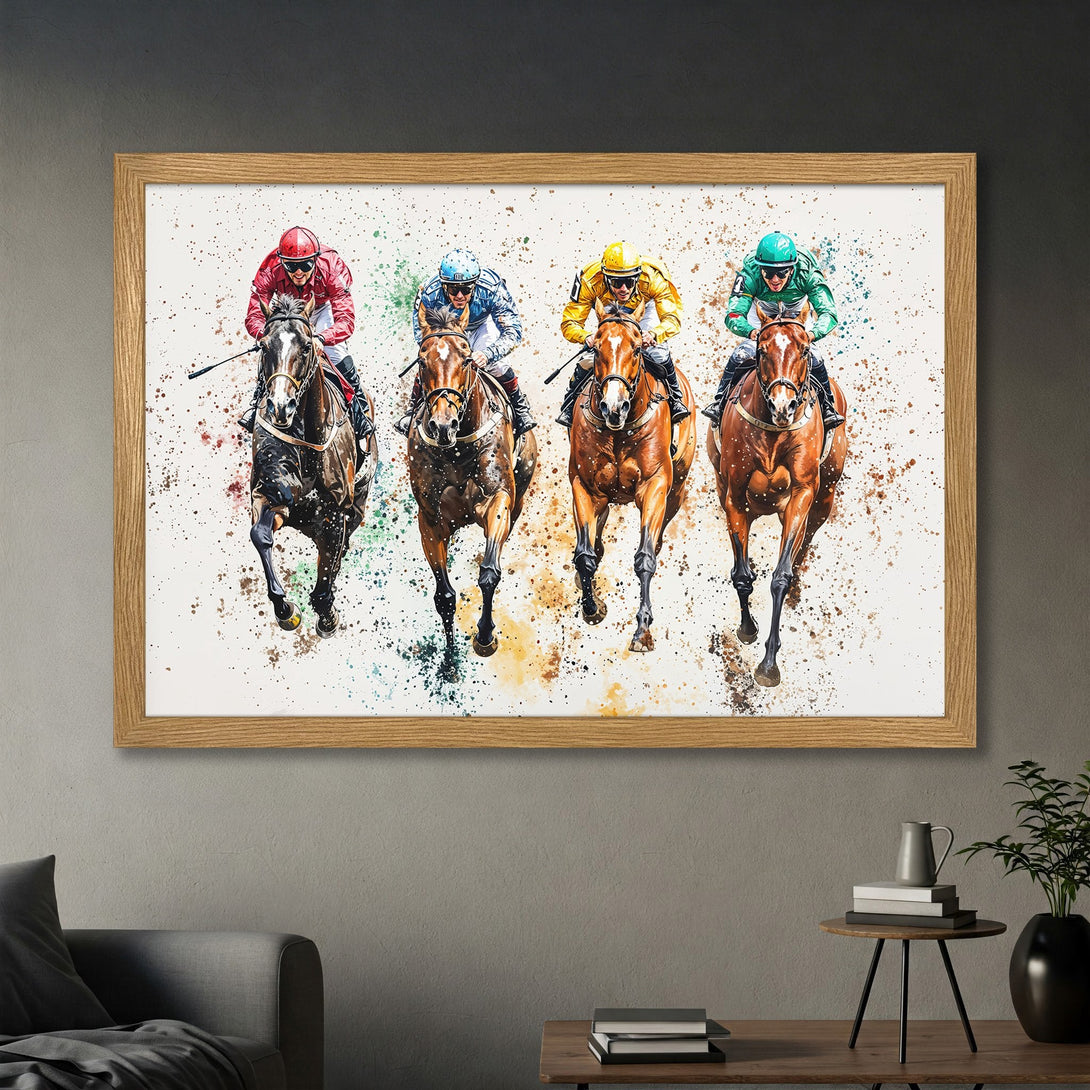Framed Poster of horse racing action in watercolor style, featuring vibrant colors and dynamic movement. Perfect wall art!