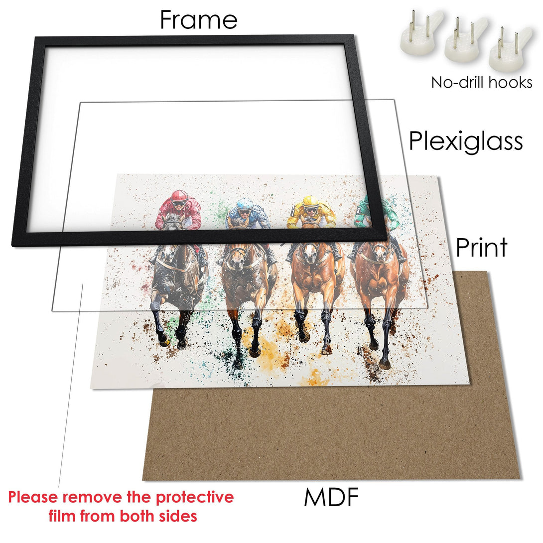 Framed Poster featuring watercolor horse racing art. Vibrant colors and dynamic style, perfect for any space. Get yours today!