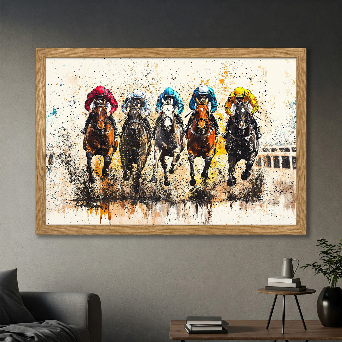 Framed Poster featuring a dynamic watercolor painting of racehorses in action, vibrant colors and a splash effect. Perfect wall art!