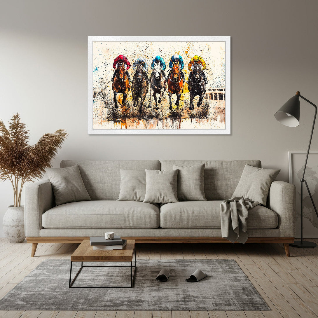 Framed Poster of racing horses, watercolor style, featuring vibrant colors and dynamic movement. Perfect wall art!