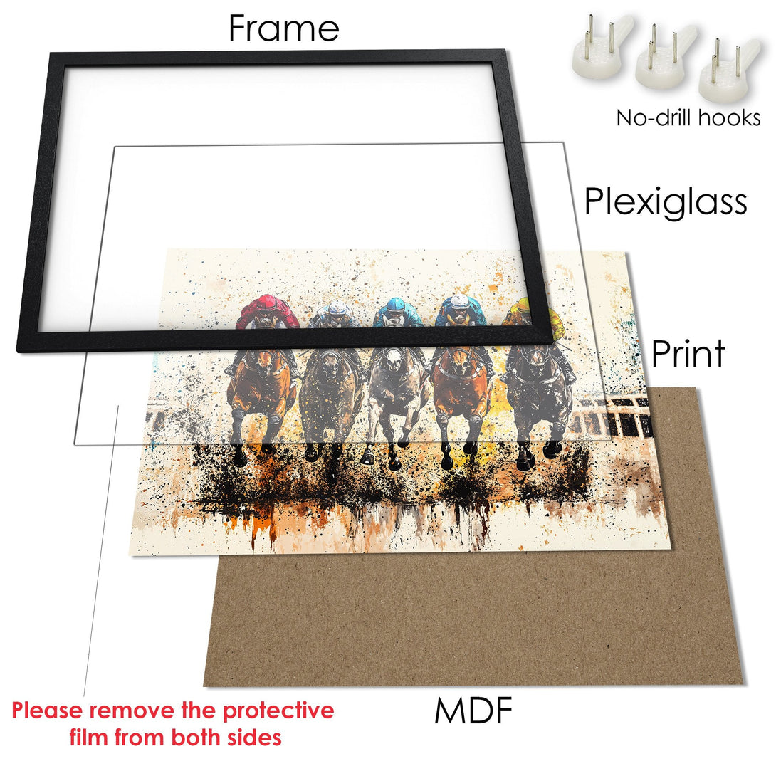 Framed Poster featuring a horse race in an abstract style with a warm color palette. Perfect wall art!