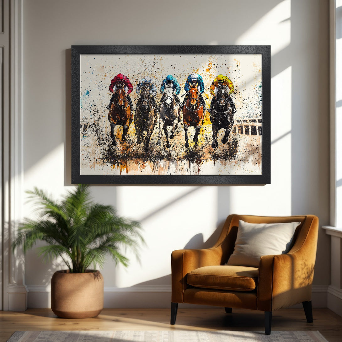 Framed Poster of a horse race in vibrant watercolor style. Bold colors and dynamic action. Perfect art for your home.
