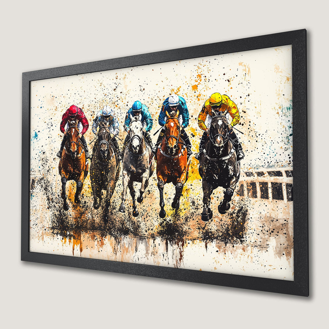 Framed Poster of horse race in watercolor style with a neutral and colorful palette. Perfect art for your home!